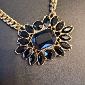 Black Crystal Pendant Gold-tone Statement Necklace